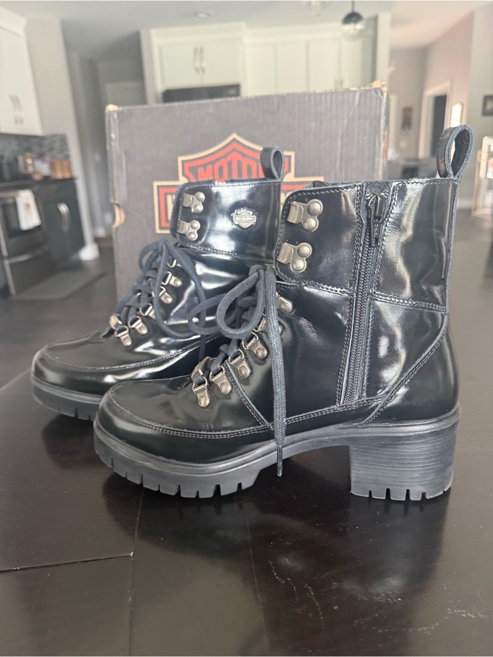 Harley Davidson Kenwood Black Patent Leather Heeled Moto Boots Size 9